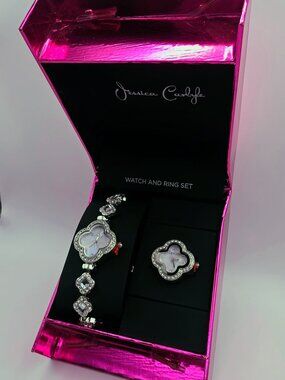 Jessica Carlyle Watch & Ring Set Silver Tone Crystal Accent Gift Box